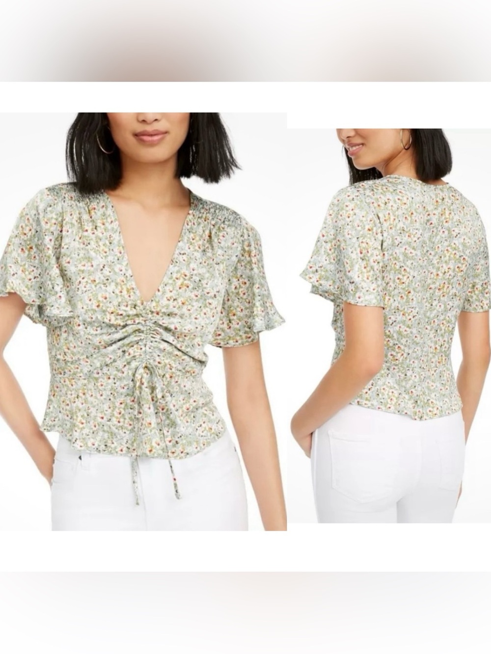 Lucy Paris Floral V-Neck Blouse in Sage Green
